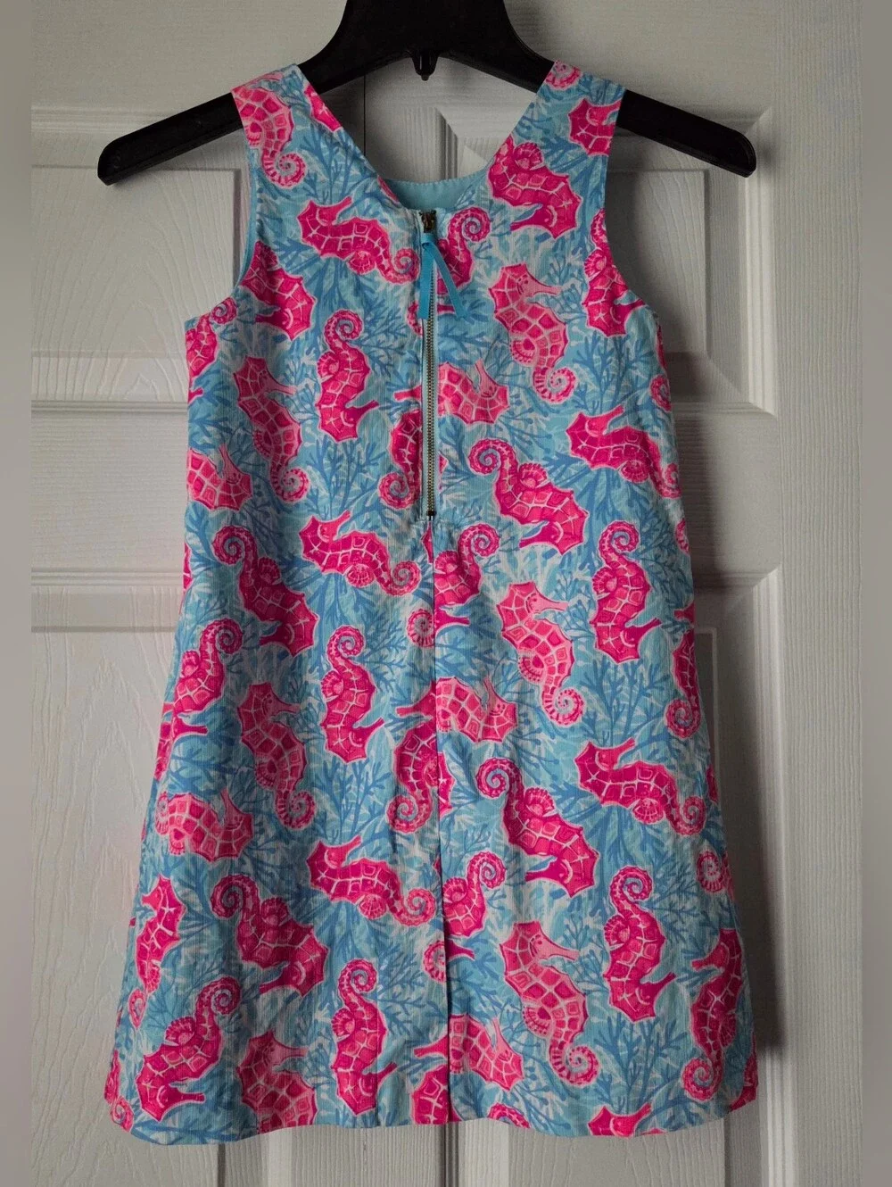 Tommy Bahama Girls Pink Seahorse Print Dress with Light Blue Background Size 7